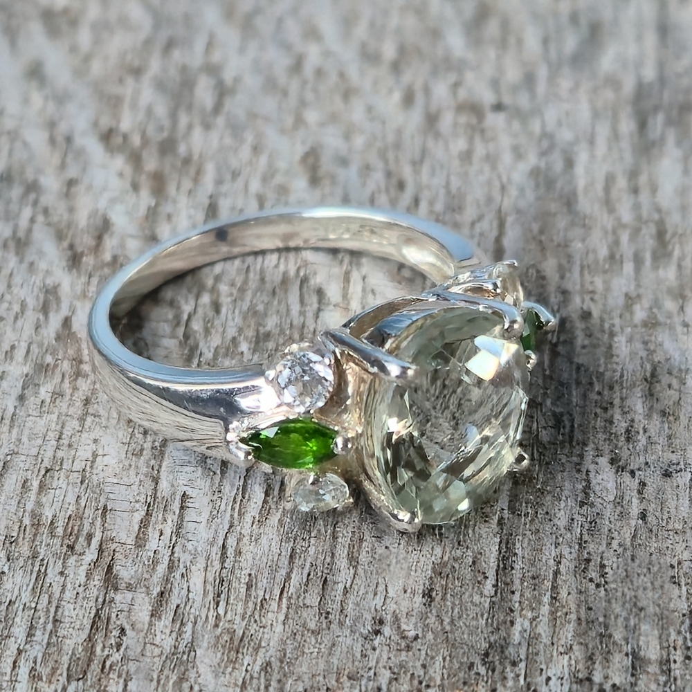 925 Sterling Silver Prasiolite Chrome Diopside White Topaz Designer Sz 9 Ring 💍 - Picture 4 of 16